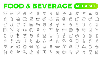 Fototapeta na wymiar Set of outline icons related to food and drink. Linear icon collection. Fast food and drinks line icons collection. Bar, restaurant, food icons. UI icon set. Thin outline icons pack.