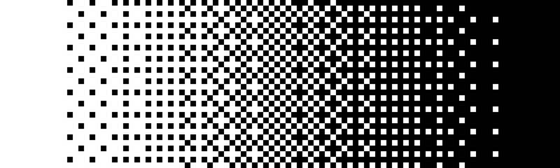 Square Pixel Halftone. Black and white linear gradient. Vector Backdrop. Dithering effect. Pixel gradient abstract mosaic background for modern design. 1 bit background.