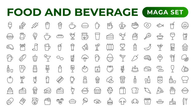 Set of outline icons related to food and drink. Linear icon collection. Fast food and drinks line icons collection. Bar, restaurant, food icons. UI icon set. Thin outline icons pack.