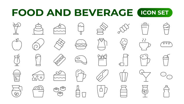 Set of outline icons related to food and drink. Linear icon collection. Fast food and drinks line icons collection. Bar, restaurant, food icons. UI icon set. Thin outline icons pack.