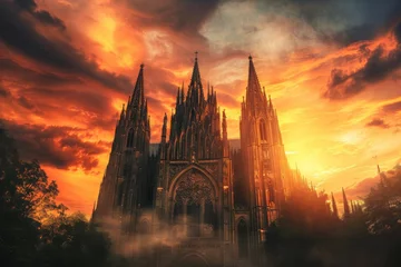 Fotobehang A towering cathedral commands the cityscape, casting its shadow over the urban landscape beneath a cloudy sky, A gothic cathedral at sunset, AI Generated © Ifti Digital