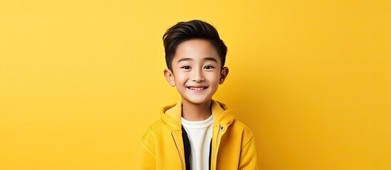 A cheerful close up of a boy wearing a vibrant yellow jacket, showcasing a bright smile - obrazy, fototapety, plakaty