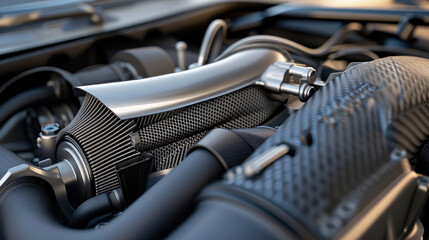 A sleek aluminum cold air intake, with a large conical filter and smooth intake tube, maximizing airflow to the engine for improved performance