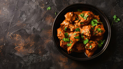 Indian butter chicken. Top view. On dark surface. Meal. Spicey. 