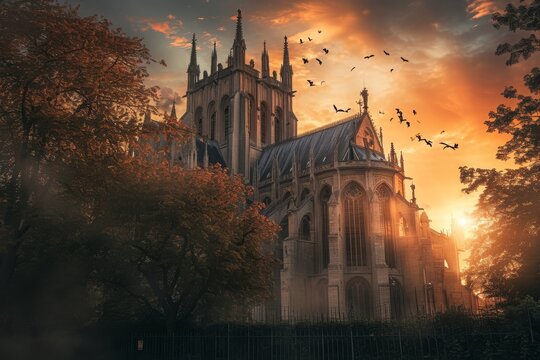 This photo captures a painting of a cathedral with birds gracefully soaring above it, A gothic cathedral at sunset, AI Generated