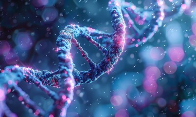 An artistically rendered image of a DNA double helix glowing in a dark blue environment, symbolizing biotechnology and genetic research. - obrazy, fototapety, plakaty