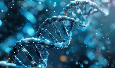 An artistically rendered image of a DNA double helix glowing in a dark blue environment, symbolizing biotechnology and genetic research. - obrazy, fototapety, plakaty