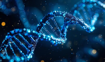 An artistically rendered image of a DNA double helix glowing in a dark blue environment, symbolizing biotechnology and genetic research.