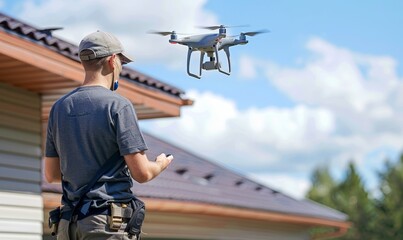 Professional man  using a drone on sky over house to measure and inspect roof