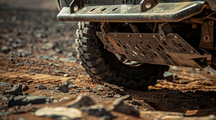 A rugged steel skid plate, covering the underside of the truck's engine oil pan, protecting it from impacts on rough terrain