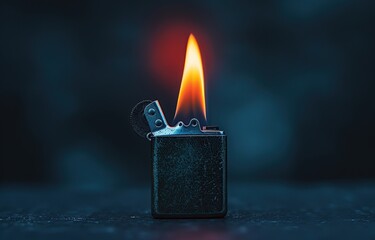a lighter with a burning flame on a dark background, for smokers' style - obrazy, fototapety, plakaty