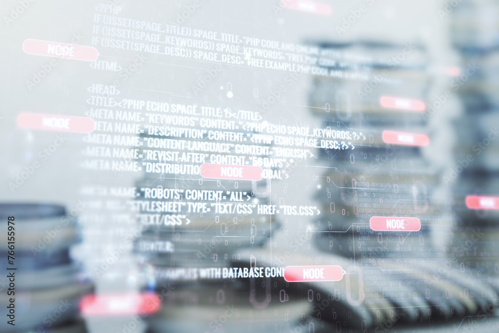 Poster multi exposure of abstract graphic coding sketch on coins background, big data and networking concep