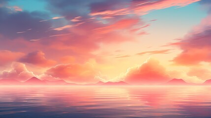 a sunset over water with mountains and clouds