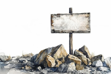 Watercolor illustration of a blank wooden signpost among boulders, ideal for custom messages and backgrounds with space for text