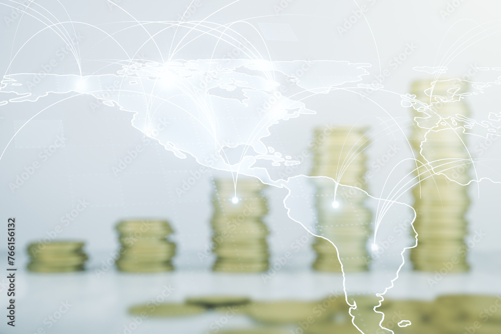 Fototapete double exposure of abstract digital world map hologram with connections on growing coins stacks back