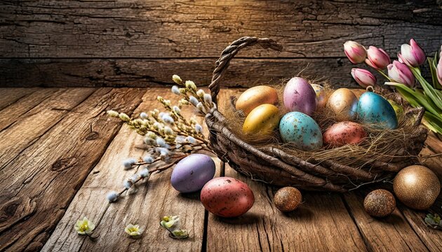 Easter Renewal: Rustic Easter Eggs Resting on Wooden Table Background