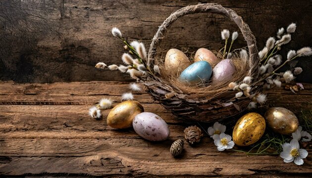 Wooden Easter Magic: Rustic Charm with Easter Eggs on Background