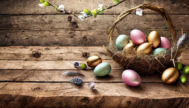 Easter Elegance: Rustic Charm with Easter Eggs on Wooden Background
