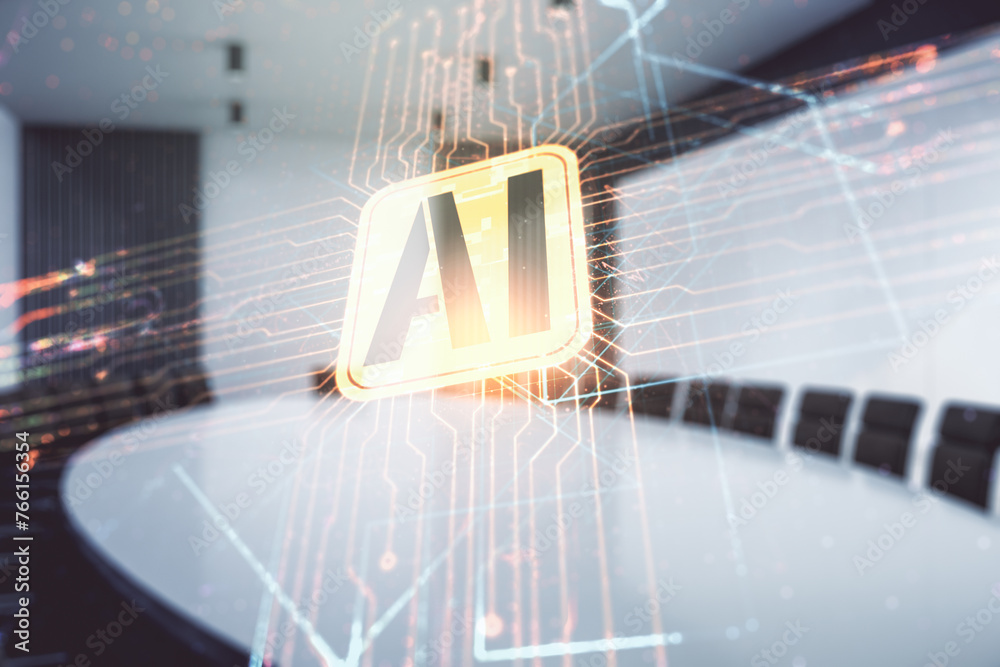 Aufkleber Double exposure of creative artificial Intelligence icon on a modern meeting room background. Neural networks and machine learning concept