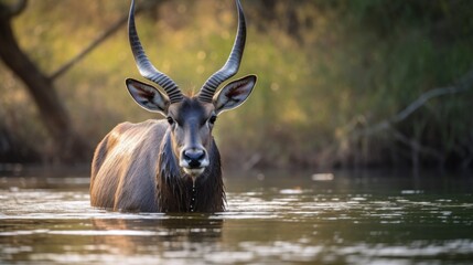 Waterbuck bull and cow in a pond with water hyacinth