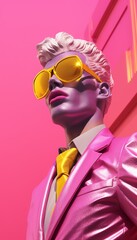 a mannequin wearing a pink suit and yellow sunglasses
