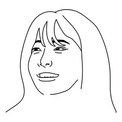Realistic line sketches close-ups of female short hair with big smile in t-shirt, in vector files for graphic elements. 
