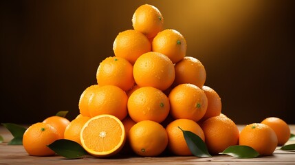 a pyramid of oranges with leaves