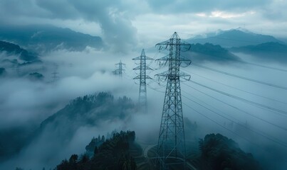 Aerial view of electricity transmission towers in a mountainous region, dense fog blanketing the ground with only the tops of the towers and mountains visible