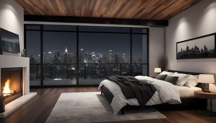 apartment bedroom, night, nighttime, city view, modern decor, luxury high rise