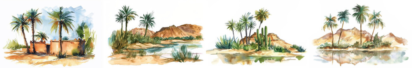 Fototapeta premium Set of four tropical oasis watercolor illustrations with palm trees, desert landscape, and reflections, suitable for travel-themed backgrounds with copy space