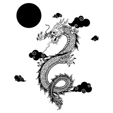Traditional Asian Dragon Art with Full Moon Monochrome Mythological Creature