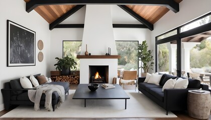 cozy family room with black and white decor with fireplace and wood beamed ceiling with lush landscaping and blue skies outside in california home