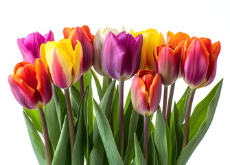 Colorful tulips bunch isolated on white background, suitable for springtime or holiday greetings.