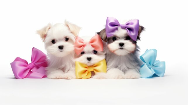 Studio portrait of two fluffy puppies with large colorful bows, capturing their endearing and playful nature.

