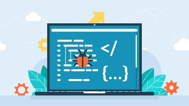 Deleting malware, virus, bug or system error. Fixing program code. Bug error notification popup on software testing concept of testing software on laptop. Search of bugs and virus. 2d flat animation	