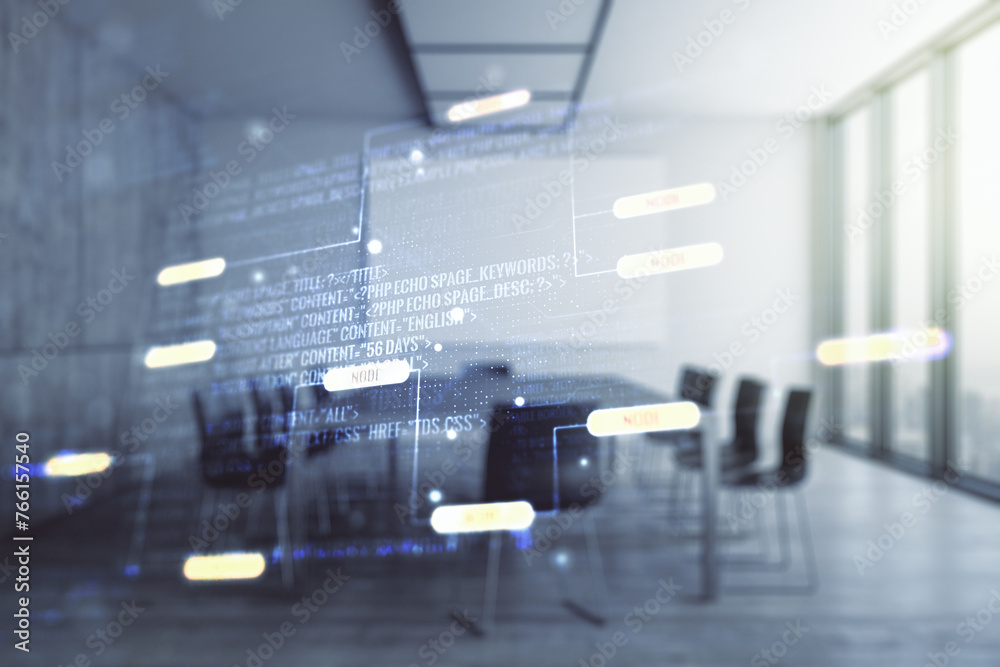 Poster multi exposure of abstract software development hologram on a modern meeting room background, resear