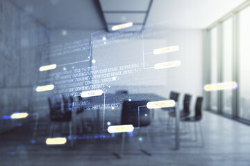 Multi exposure of abstract software development hologram on a modern meeting room background, research and analytics concept
