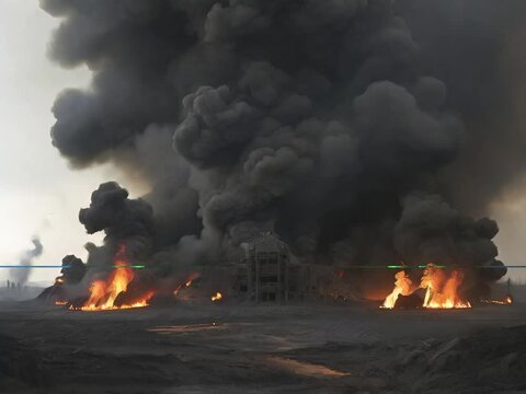 The war area with huge black smoke, large fire flames, destruction of houses, economy breakdown.