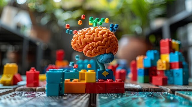 Graphic the brain, the cute child is playing with building blocks to practice skills and develop their brain Intelligence and Creativity.