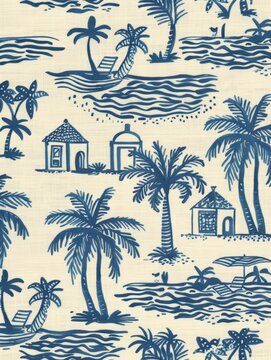 A wallpaper featuring blue and white colors with palm trees depicted throughout