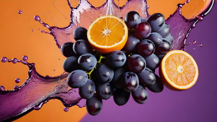 orange and grapes on an orange background. for the poster. juice splashes