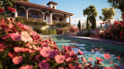 Holiday villas with pool on twilight. Holiday concept.