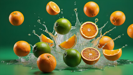 an orange on a green background. for the poster. juice splashes