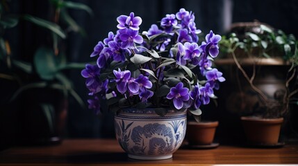 A purple violet flower. Flowers as a decoration for the windowsill and at home. Delicate flowers.