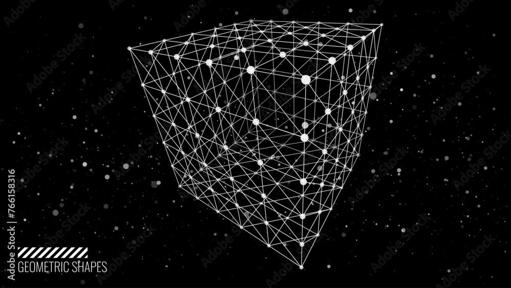 Aufkleber 3D Cube Banner. Object with Dots and Lines. Molecular Grid. 3D Technology Design. Vector Illustration. Futuristic Connection Structure for Technology or Science Concept.