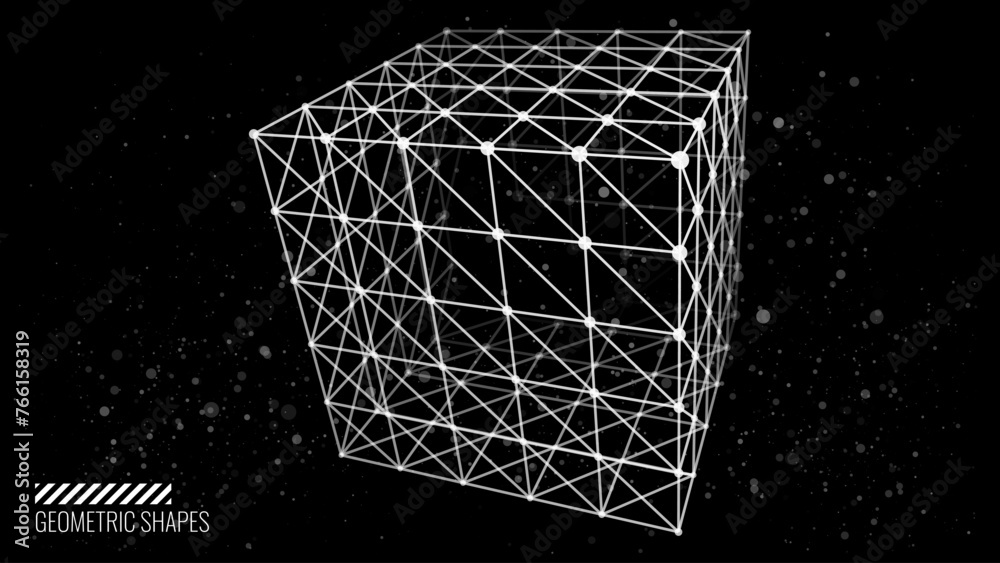 Poster 3D Cube Banner. Object with Dots and Lines. Molecular Grid. 3D Technology Design. Vector Illustration. Futuristic Connection Structure for Technology or Science Concept.