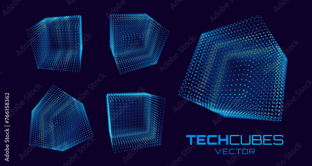 Aufkleber Set of Blue Technology Cubes. Hi-Tech Grid Style Wireframe 3D Forms. Round Cubes. Artificial Intelligence HUD Design Element. Cloud Computing Server Technology Concept. Vector Illustration.