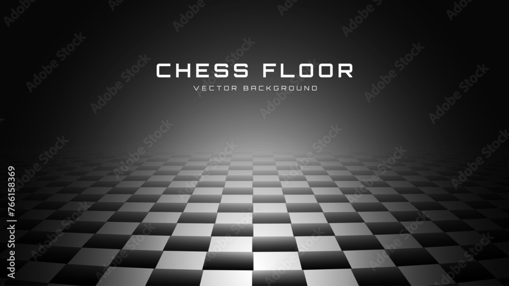 Aufkleber Chess Floor in Perspective with Checkerboard Texture. Empty Chess Board. Black and White Squares Mosaic Studio Background. Vector illustration.