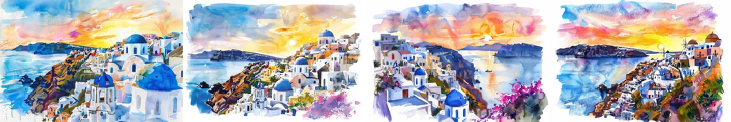 Fototapeten Colorful panoramic watercolor painting of a Greek island's sunset skyline with iconic white buildings and blue domes, ideal for travel and tourism-themed backgrounds with space for text © fotogurmespb