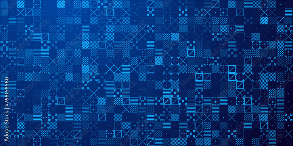 Poster Abstract Blue Pixel Symbols Vector Pattern. Geometric Retro Computer Style Texture. Generative Art Vector Illustration. Vintage 8-bit Game Background. Grid of Pixel Shapes.